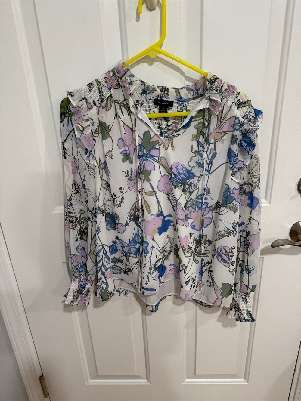 Halogen White Floral Tie-Neck Blouse with Pastel Print